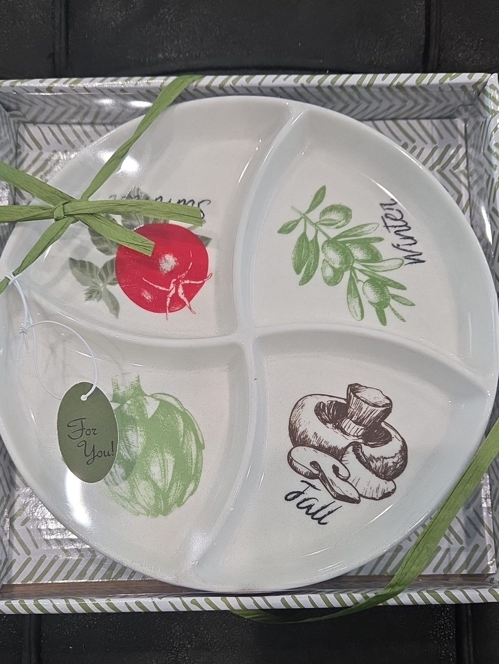 Seasonal Ceramic Divided Serving Platter - Green & Red Accents